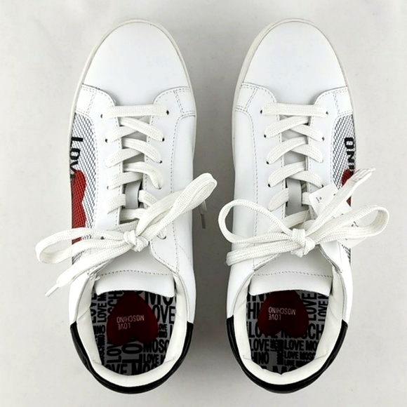 Love Moschino Women's White Black Leather Low Top Sneakers Logo Heart Sz 10/ 41 - Picture 3 of 16